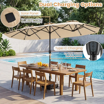 13 FT Double-Sided Patio Umbrella with Color-Changing Flowing Solar LED Lights-Beige - Beige - Outdoor Umbrellas