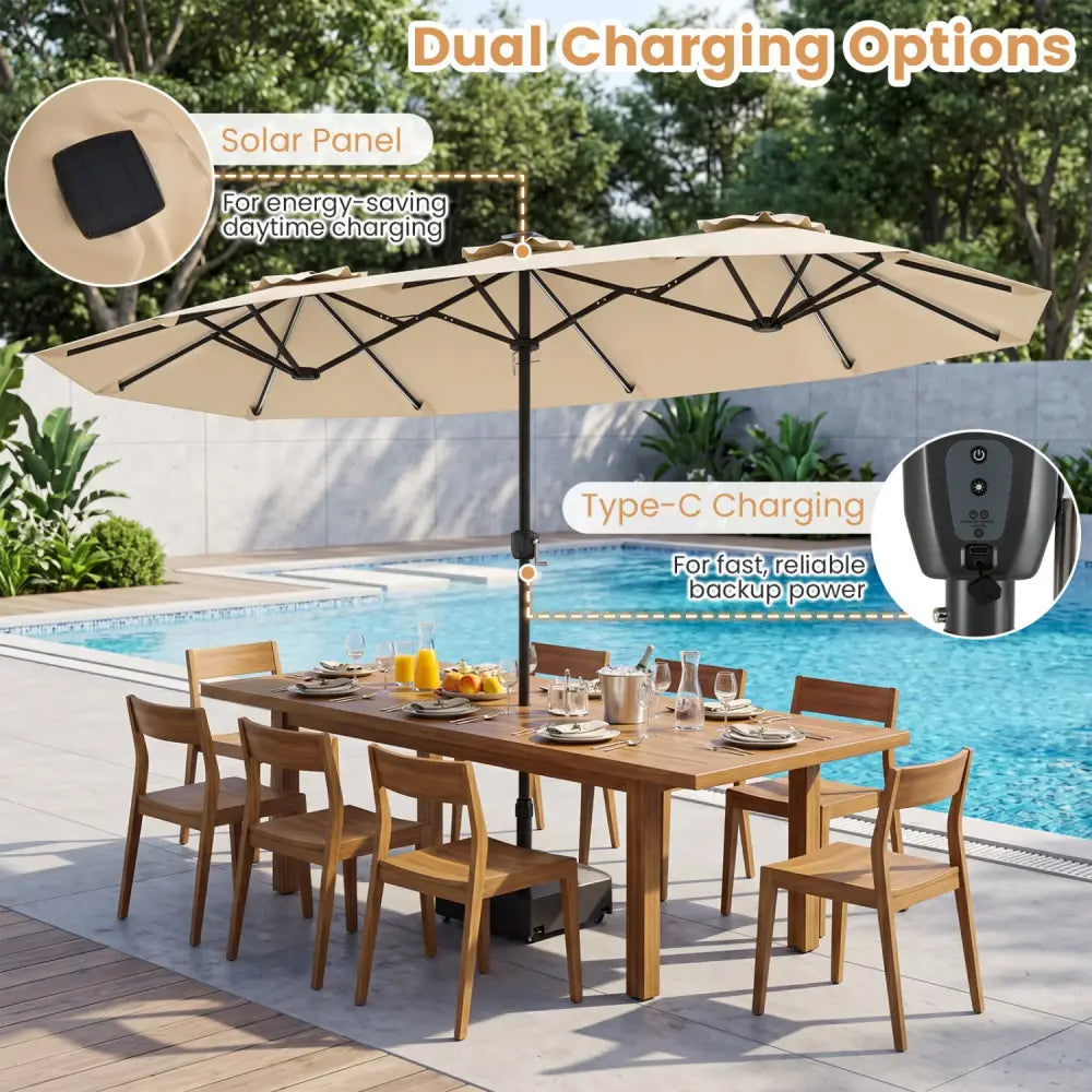 13 FT Double-Sided Patio Umbrella with Color-Changing Flowing Solar LED Lights-Beige - Beige - Outdoor Umbrellas
