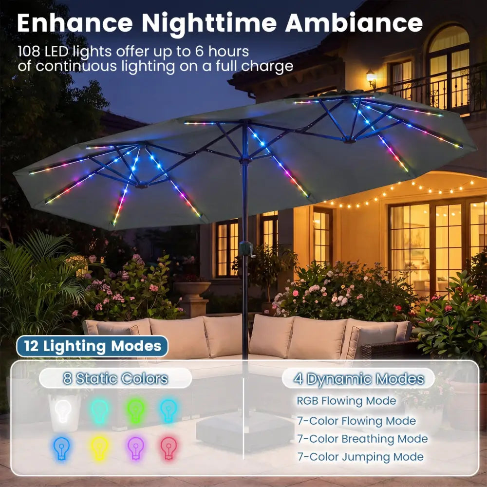 13 FT Double-Sided Patio Umbrella with Color-Changing Flowing Solar LED Lights-Gray - Gray - Outdoor Umbrellas