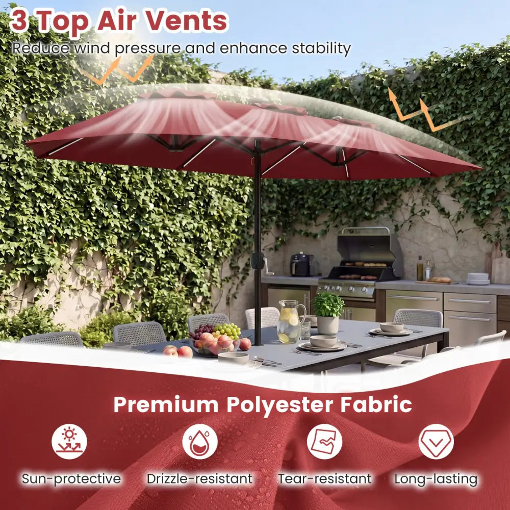 13 FT Double-Sided Patio Umbrella with Color-Changing Flowing Solar LED Lights-Red - Red - Outdoor Umbrellas