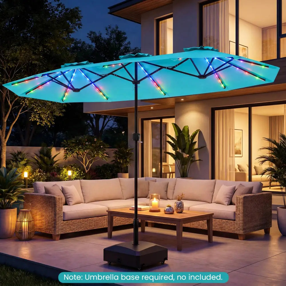 13 FT Double-Sided Patio Umbrella with Color-Changing Flowing Solar LED Lights-Turquoise - Turquoise - Outdoor Umbrellas
