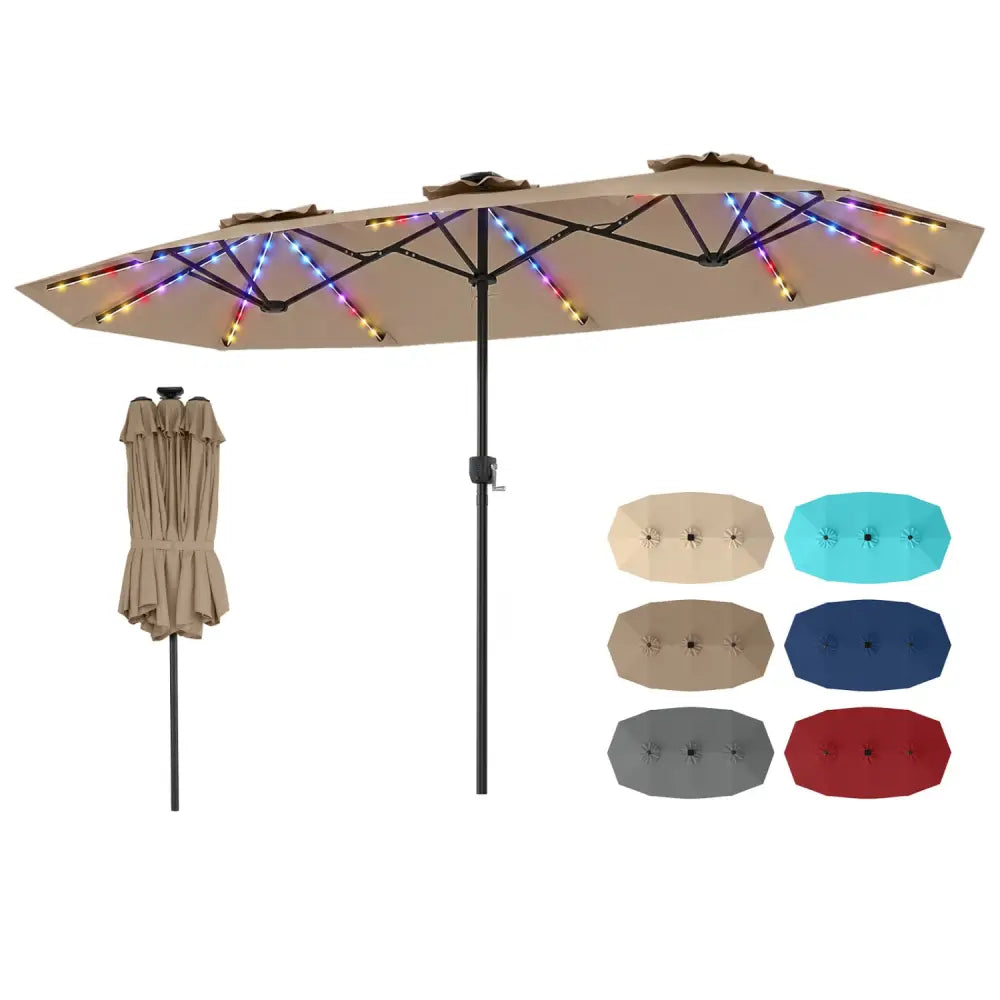 13 FT Double-Sided Patio Umbrella with Color-Changing Flowing Solar LED Lights-Brown - Brown - Outdoor Umbrellas