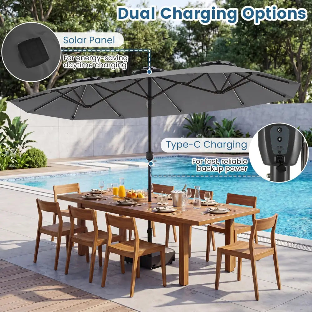 13 FT Double-Sided Patio Umbrella with Color-Changing Flowing Solar LED Lights-Gray - Gray - Outdoor Umbrellas