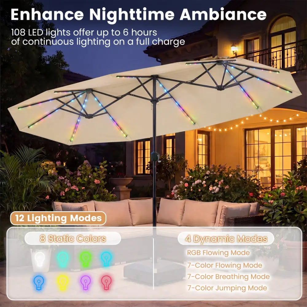13 FT Double-Sided Patio Umbrella with Color-Changing Flowing Solar LED Lights-Beige - Beige - Outdoor Umbrellas