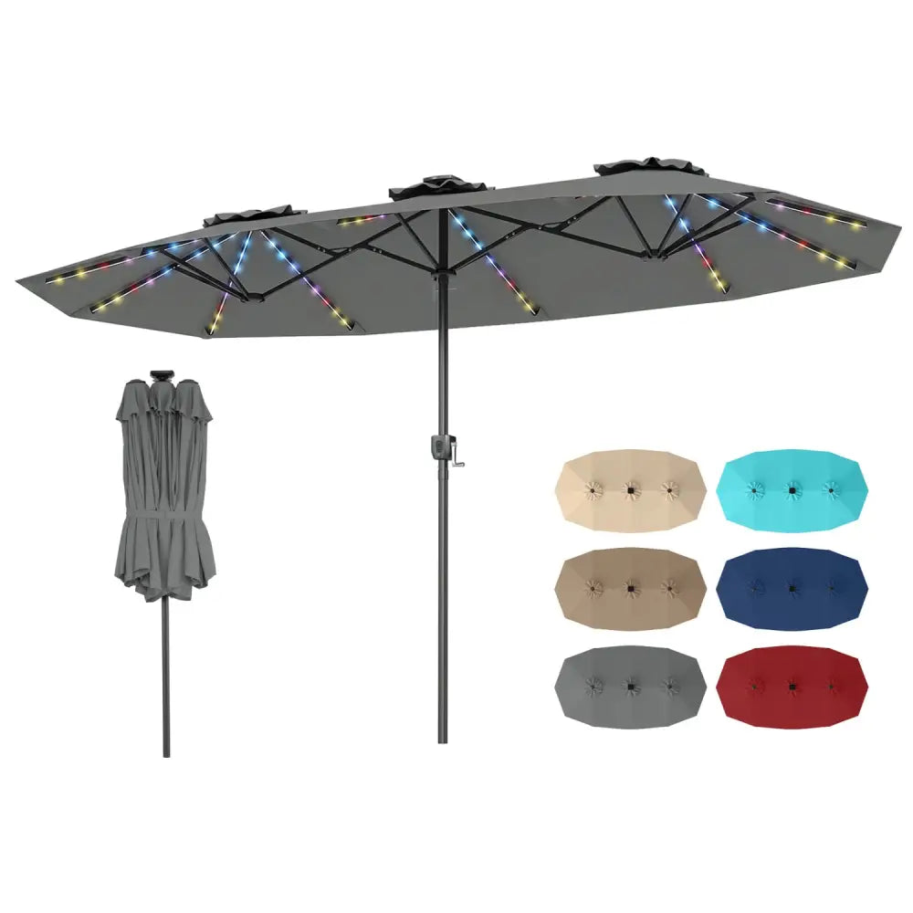 13 FT Double-Sided Patio Umbrella with Color-Changing Flowing Solar LED Lights-Gray - Gray - Outdoor Umbrellas