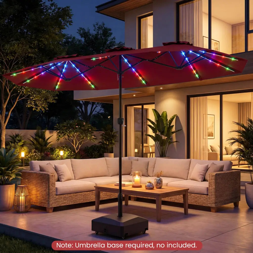 13 FT Double-Sided Patio Umbrella with Color-Changing Flowing Solar LED Lights-Red - Red - Outdoor Umbrellas