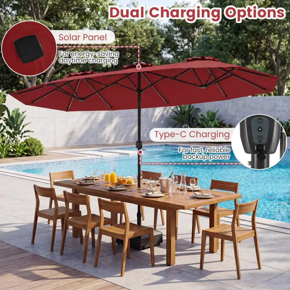 13 FT Double-Sided Patio Umbrella with Color-Changing Flowing Solar LED Lights-Red - Red - Outdoor Umbrellas