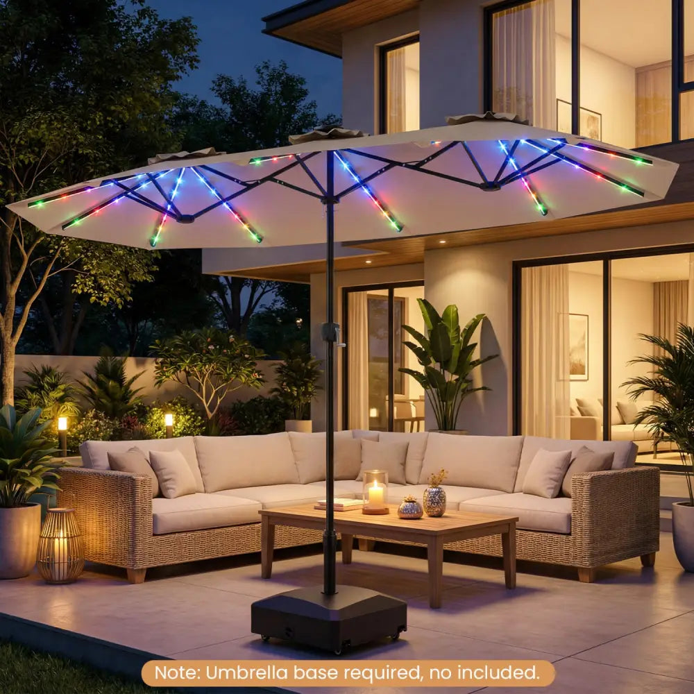 13 FT Double-Sided Patio Umbrella with Color-Changing Flowing Solar LED Lights-Brown - Brown - Outdoor Umbrellas