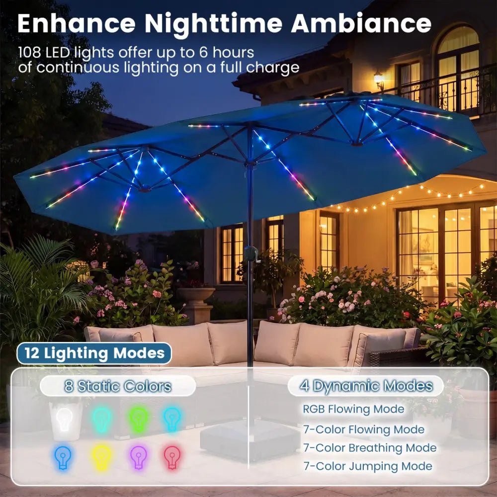 13 FT Double-Sided Patio Umbrella with Color-Changing Flowing Solar LED Lights-Navy - Navy - Outdoor Umbrellas