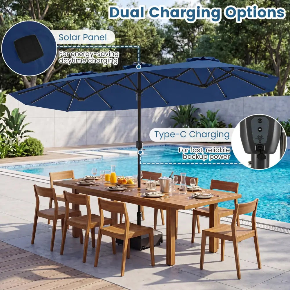13 FT Double-Sided Patio Umbrella with Color-Changing Flowing Solar LED Lights-Navy - Navy - Outdoor Umbrellas