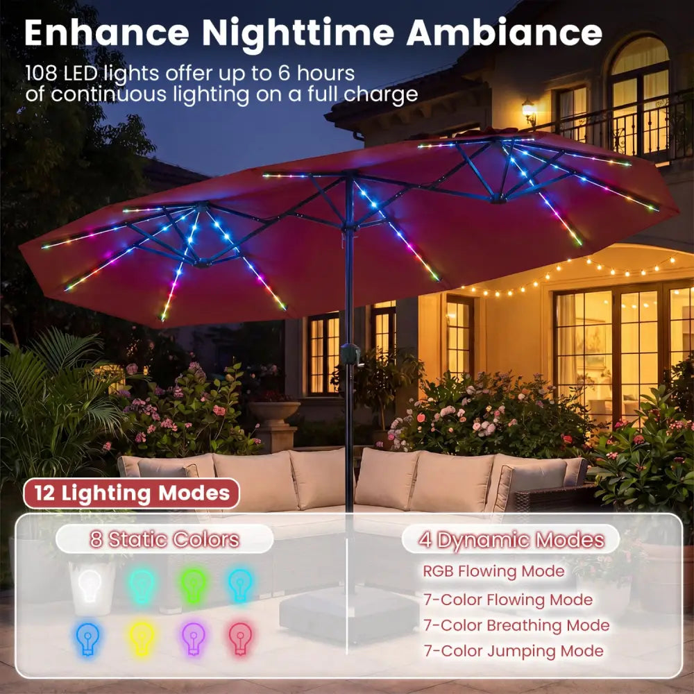 13 FT Double-Sided Patio Umbrella with Color-Changing Flowing Solar LED Lights-Red - Red - Outdoor Umbrellas
