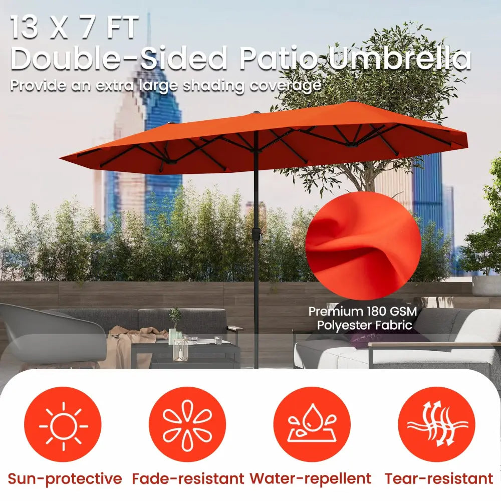 13 FT Large Patio Umbrella Outdoor Double-Sided Table Market Umbrella with Crank Handle-Orange - Orange - Outdoor