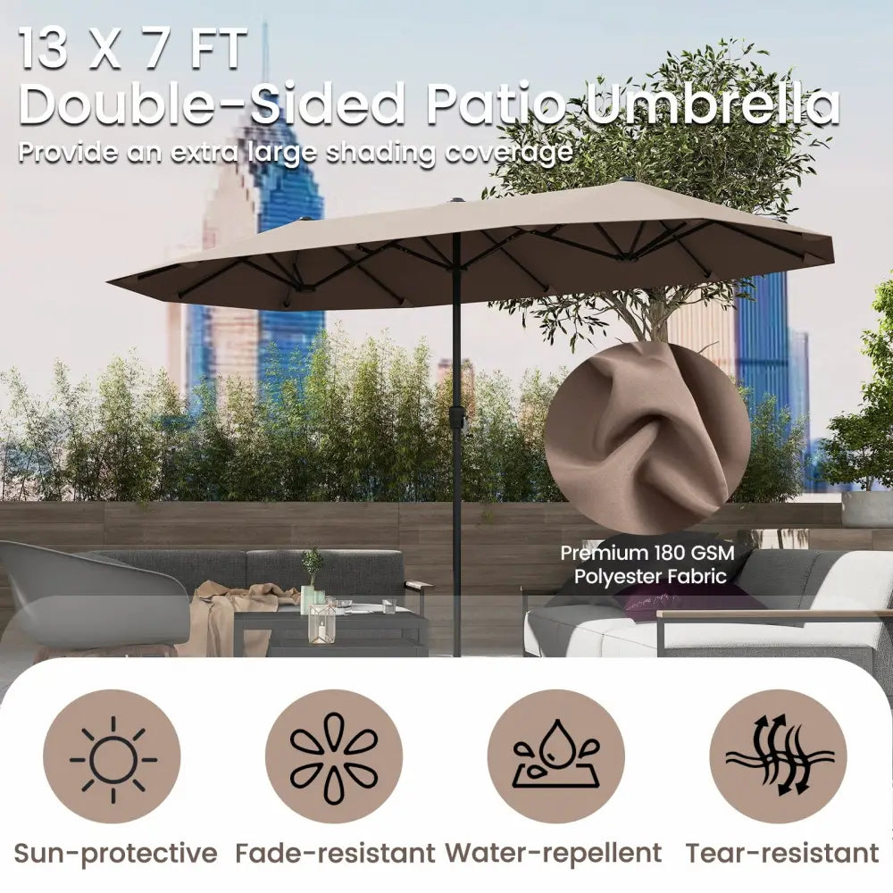 13 FT Large Patio Umbrella Outdoor Double-Sided Table Market Umbrella with Crank Handle-Coffee - Coffee - Outdoor