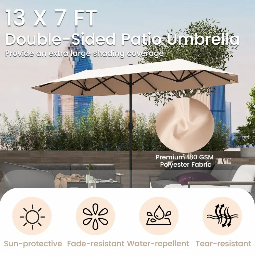 13 FT Large Patio Umbrella Outdoor Double-Sided Table Market Umbrella with Crank Handle-Beige - Beige - Outdoor