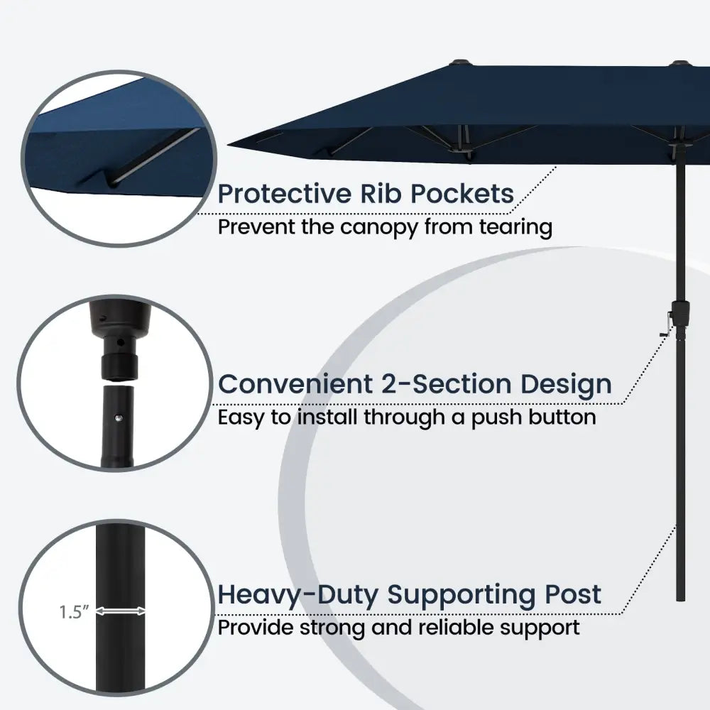 13 FT Large Patio Umbrella Outdoor Double-Sided Table Market Umbrella with Crank Handle-Navy - Navy - Outdoor Umbrellas