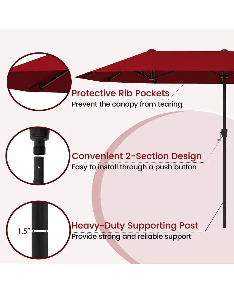 13 FT Large Patio Umbrella Outdoor Double-Sided Table Market Umbrella with Crank Handle-Red - Red - Outdoor Umbrellas