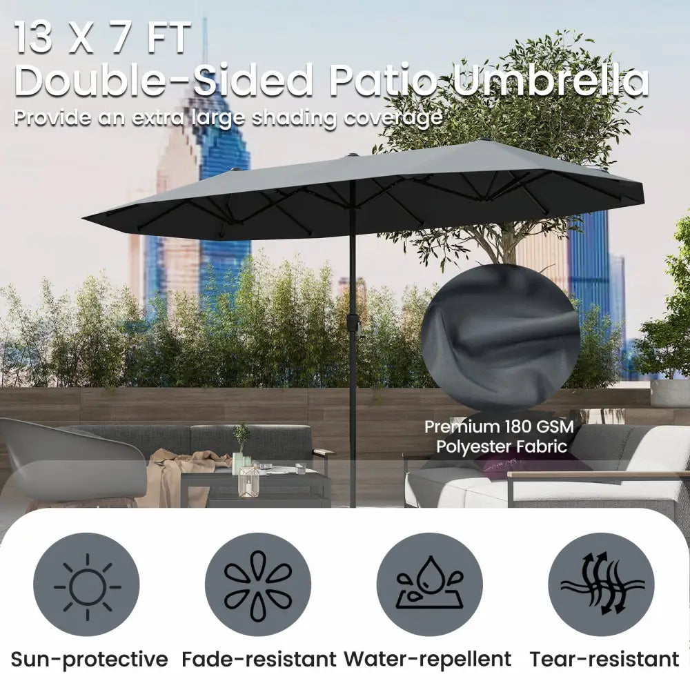 13 FT Large Patio Umbrella Outdoor Double-Sided Table Market Umbrella with Crank Handle-Gray - Gray - Outdoor Umbrellas