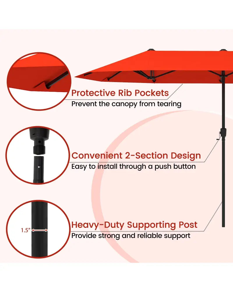 13 FT Large Patio Umbrella Outdoor Double-Sided Table Market Umbrella with Crank Handle-Orange - Orange - Outdoor