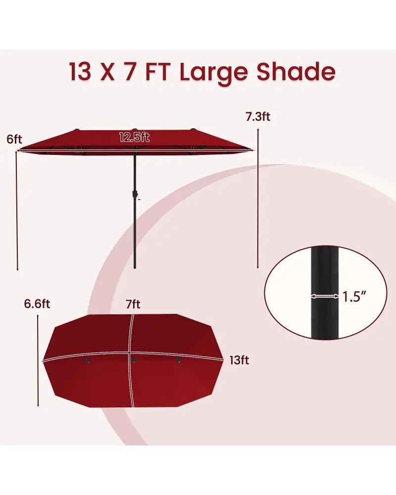 13 FT Large Patio Umbrella Outdoor Double-Sided Table Market Umbrella with Crank Handle-Red - Red - Outdoor Umbrellas