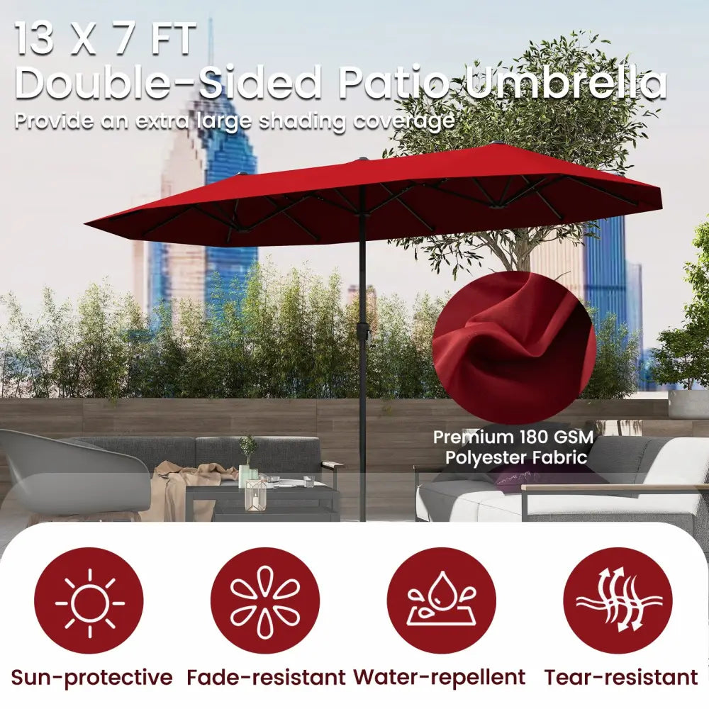 13 FT Large Patio Umbrella Outdoor Double-Sided Table Market Umbrella with Crank Handle-Red - Red - Outdoor Umbrellas