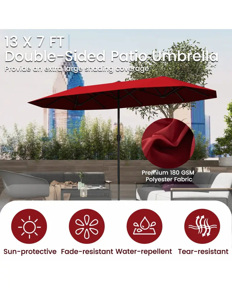 13 FT Large Patio Umbrella Outdoor Double-Sided Table Market Umbrella with Crank Handle-Red - Red - Outdoor Umbrellas