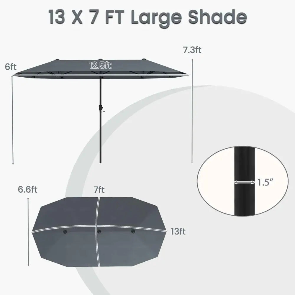 13 FT Large Patio Umbrella Outdoor Double-Sided Table Market Umbrella with Crank Handle-Gray - Gray - Outdoor Umbrellas