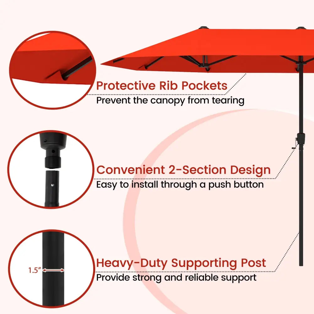 13 FT Large Patio Umbrella Outdoor Double-Sided Table Market Umbrella with Crank Handle-Orange - Orange - Outdoor