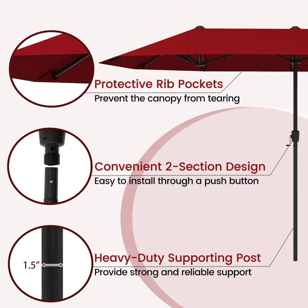 13 FT Large Patio Umbrella Outdoor Double-Sided Table Market Umbrella with Crank Handle-Red - Red - Outdoor Umbrellas