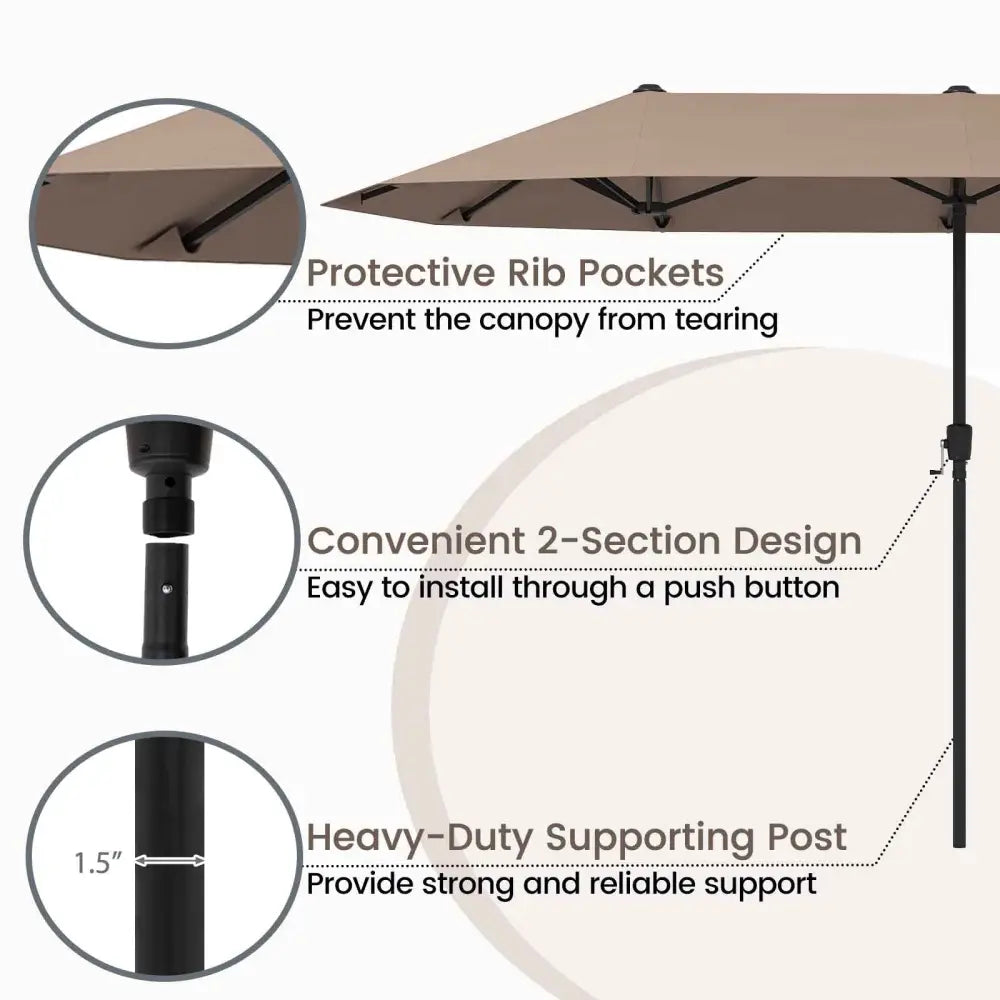 13 FT Large Patio Umbrella Outdoor Double-Sided Table Market Umbrella with Crank Handle-Coffee - Coffee - Outdoor