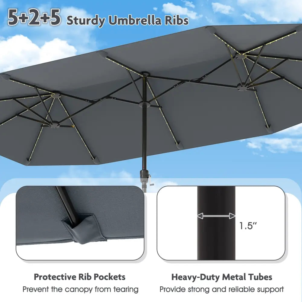 13 FT Large Patio Umbrella with LED Solar Lights and Crank Handle-Gray - Gray - Outdoor Umbrellas