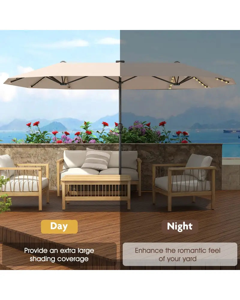 13 FT Large Patio Umbrella with LED Solar Lights and Crank Handle-Beige - Beige - Outdoor Umbrellas