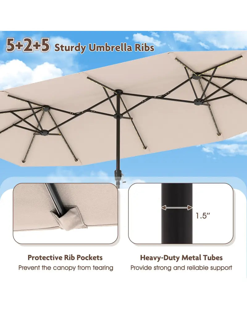 13 FT Large Patio Umbrella with LED Solar Lights and Crank Handle-Beige - Beige - Outdoor Umbrellas