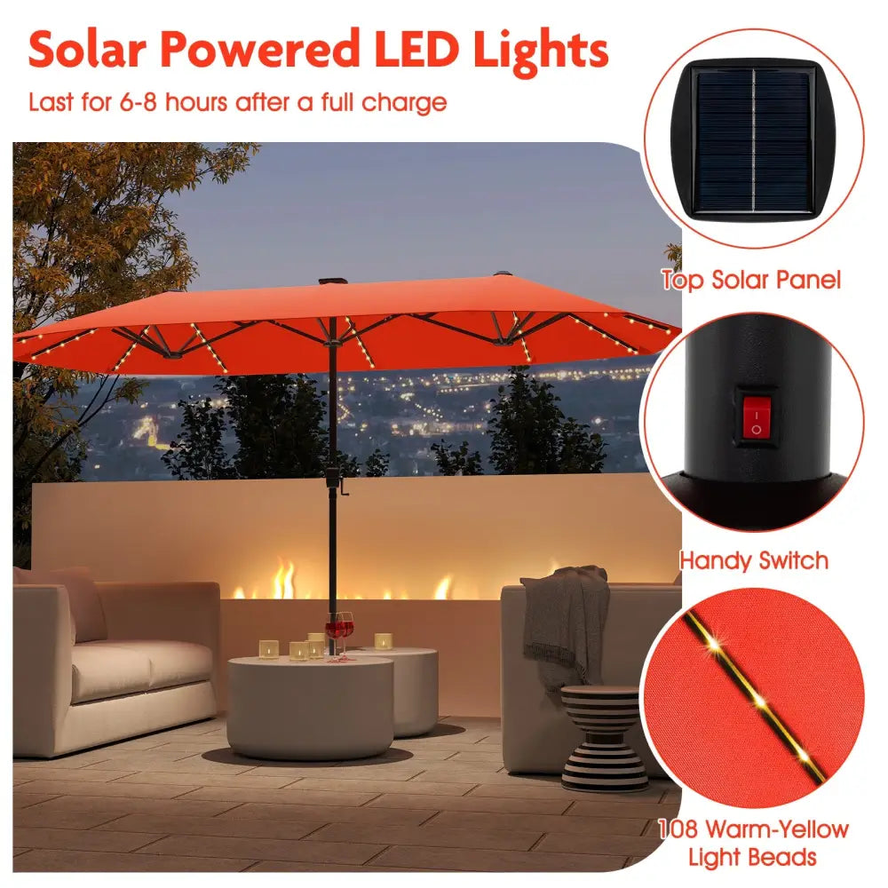 13 FT Large Patio Umbrella with LED Solar Lights and Crank Handle-Orange - Orange - Outdoor Umbrellas