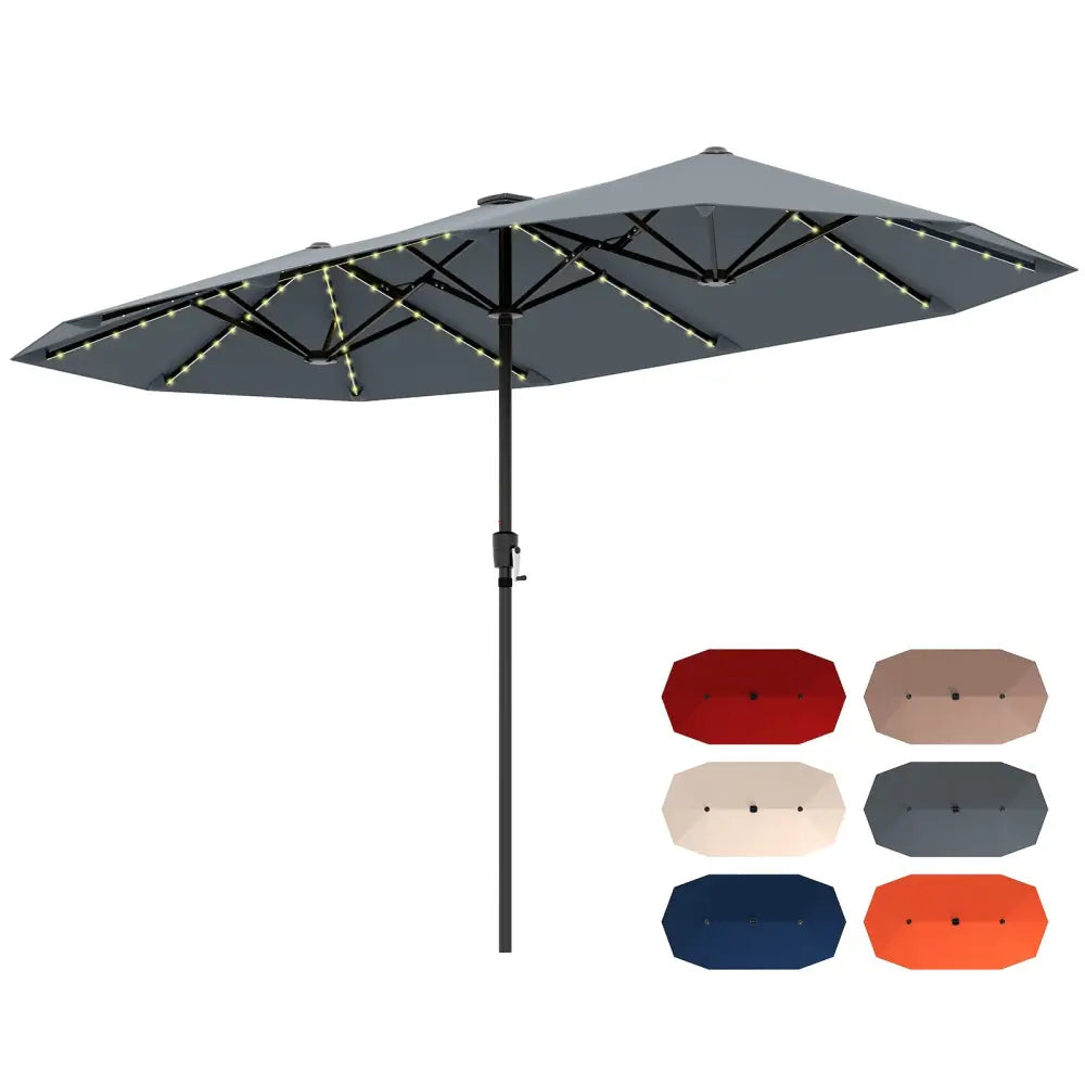 13 FT Large Patio Umbrella with LED Solar Lights and Crank Handle-Gray - Gray - Outdoor Umbrellas