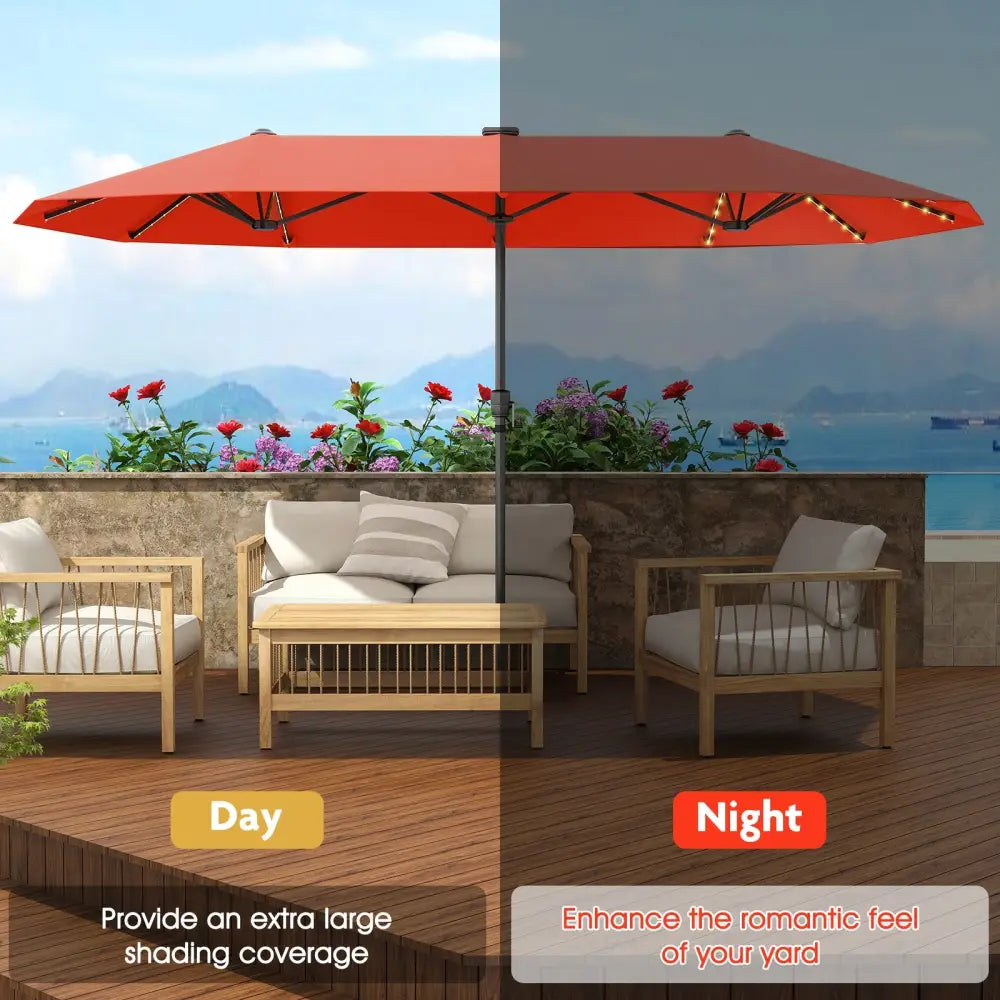 13 FT Large Patio Umbrella with LED Solar Lights and Crank Handle-Orange - Orange - Outdoor Umbrellas