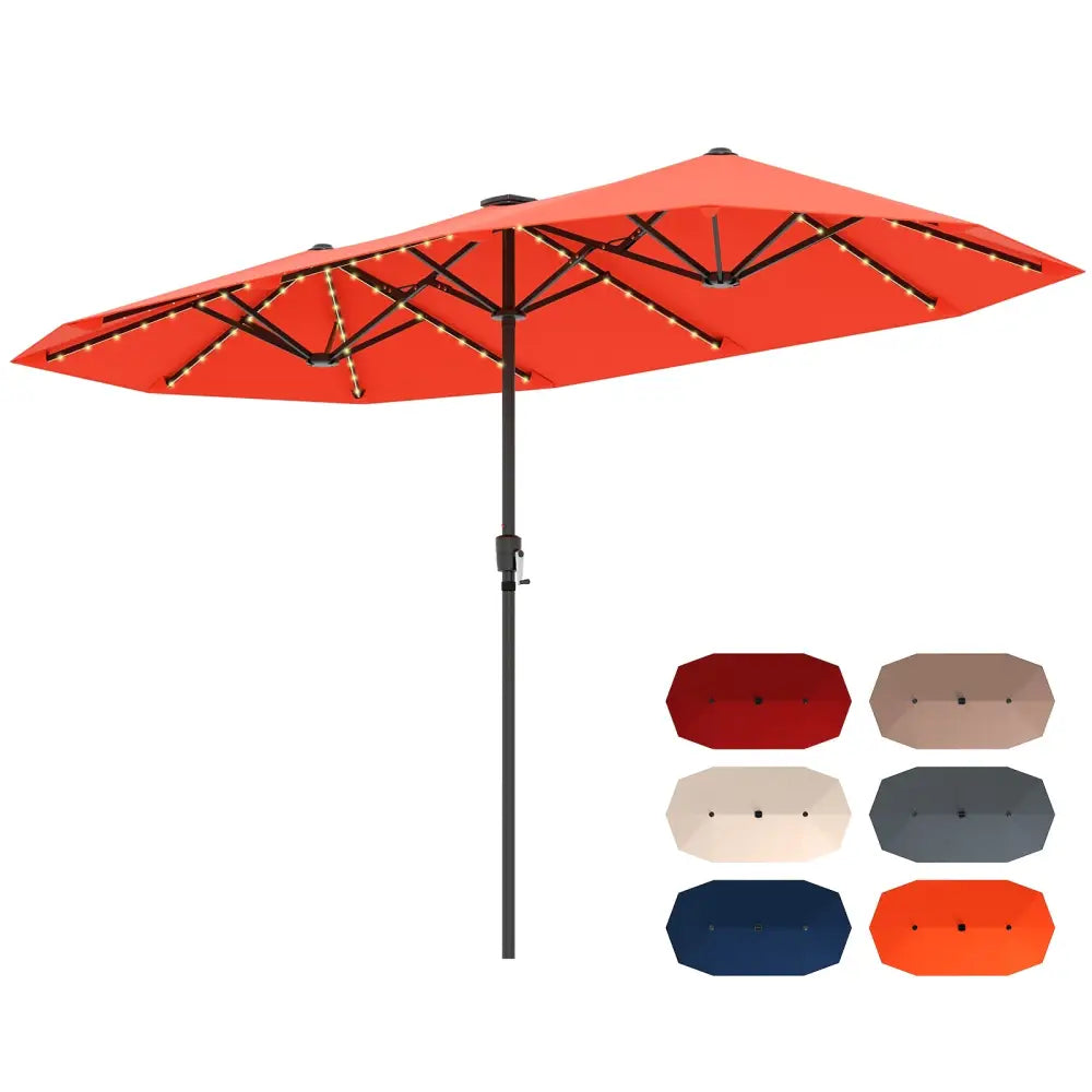 13 FT Large Patio Umbrella with LED Solar Lights and Crank Handle-Orange - Orange - Outdoor Umbrellas
