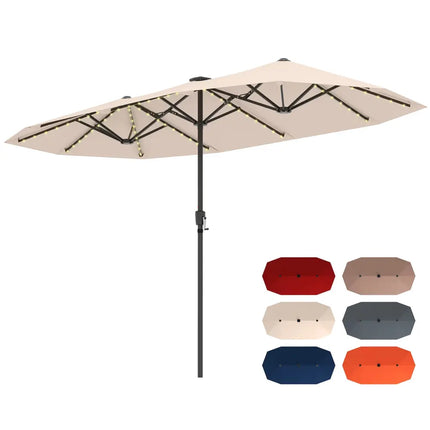 13 FT Large Patio Umbrella with LED Solar Lights and Crank Handle-Beige - Beige - Outdoor Umbrellas