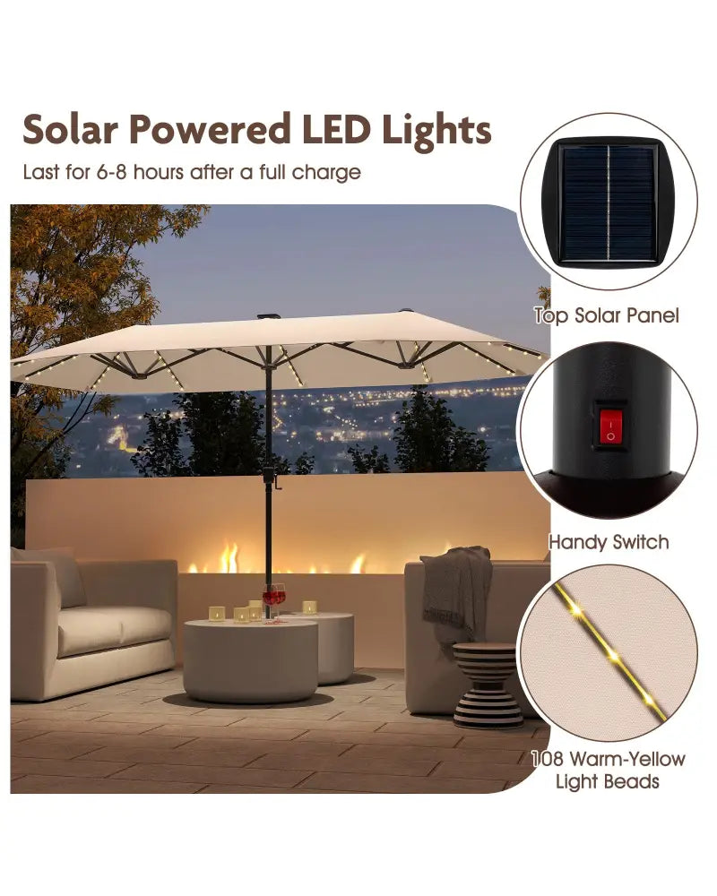 13 FT Large Patio Umbrella with LED Solar Lights and Crank Handle-Beige - Beige - Outdoor Umbrellas
