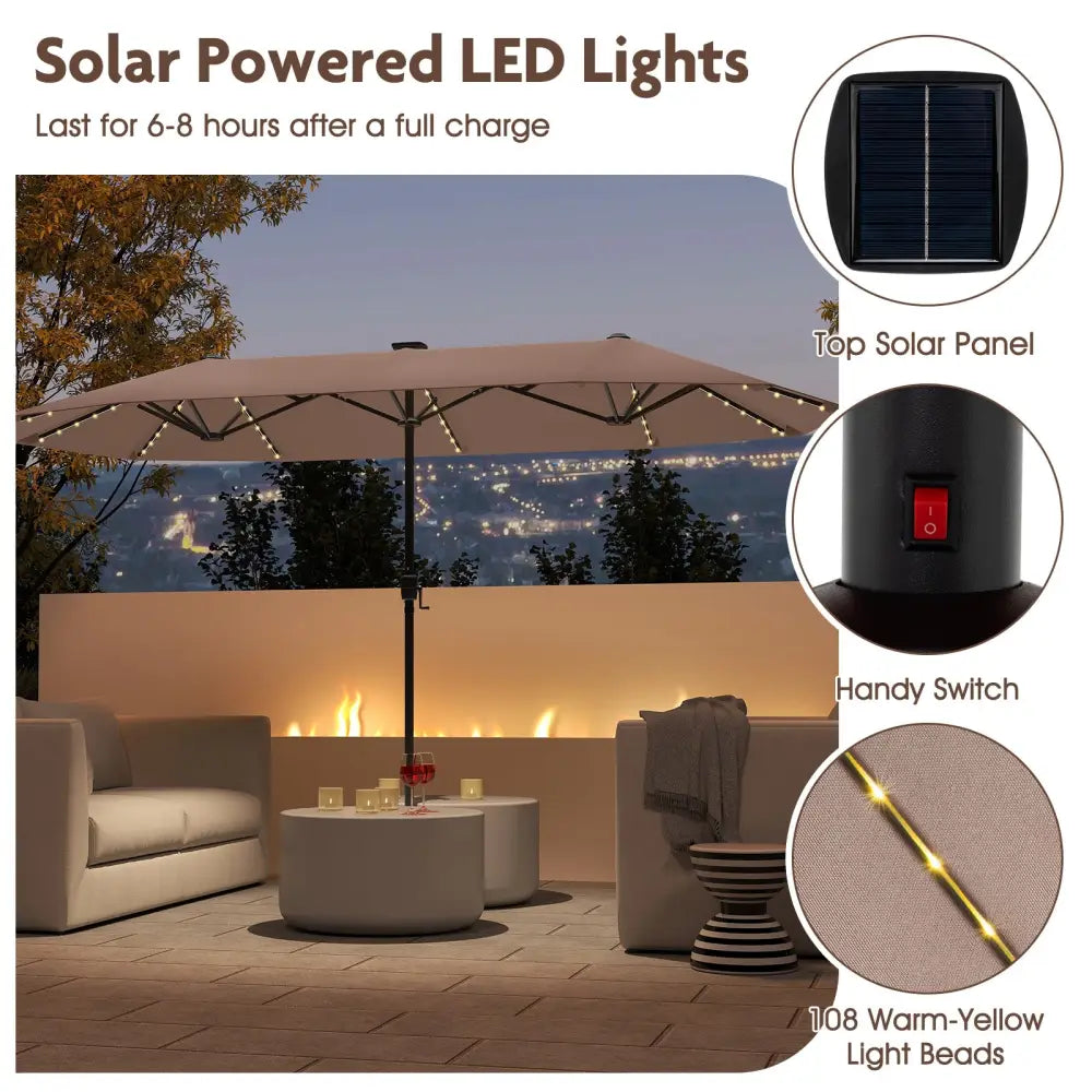 13 FT Large Patio Umbrella with LED Solar Lights and Crank Handle-Coffee - Coffee - Outdoor Umbrellas