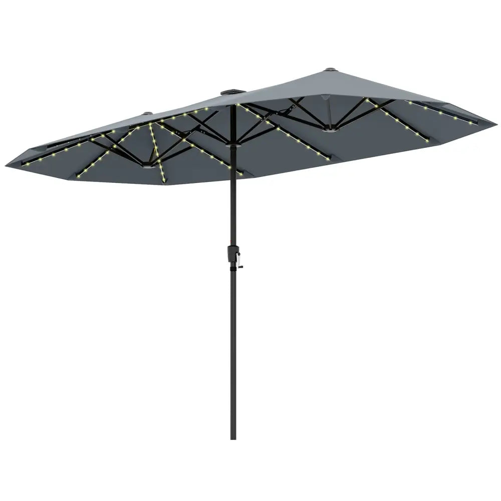 13 FT Large Patio Umbrella with LED Solar Lights and Crank Handle-Gray - Gray - Outdoor Umbrellas