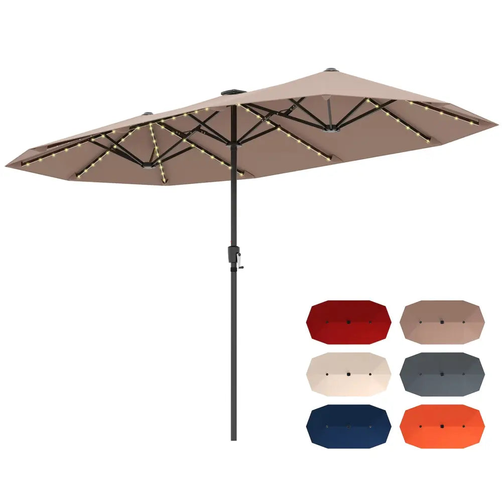 13 FT Large Patio Umbrella with LED Solar Lights and Crank Handle-Coffee - Coffee - Outdoor Umbrellas