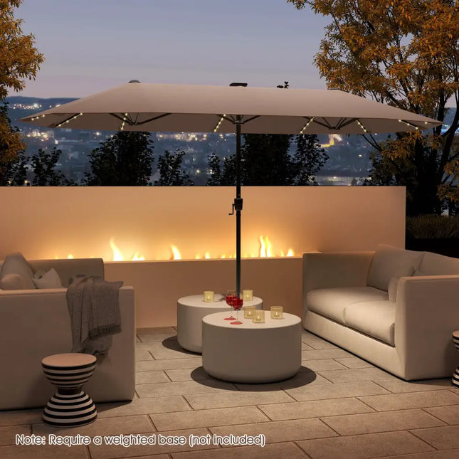 13 FT Large Patio Umbrella with LED Solar Lights and Crank Handle-Coffee - Coffee - Outdoor Umbrellas