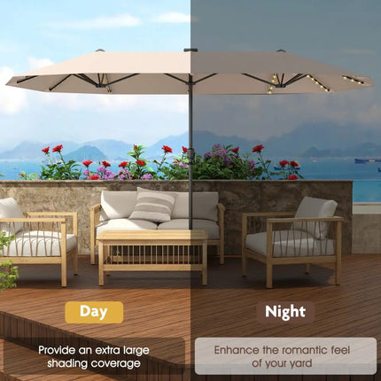 13 FT Large Patio Umbrella with LED Solar Lights and Crank Handle-Beige - Beige - Outdoor Umbrellas