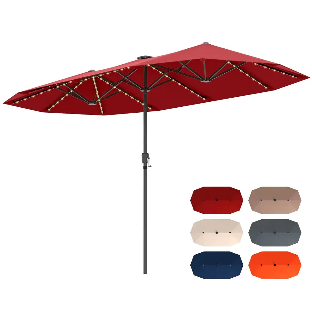 13 FT Large Patio Umbrella with LED Solar Lights and Crank Handle-Red - Red - Outdoor Umbrellas