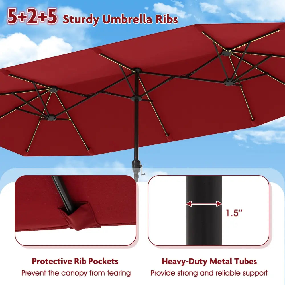13 FT Large Patio Umbrella with LED Solar Lights and Crank Handle-Red - Red - Outdoor Umbrellas
