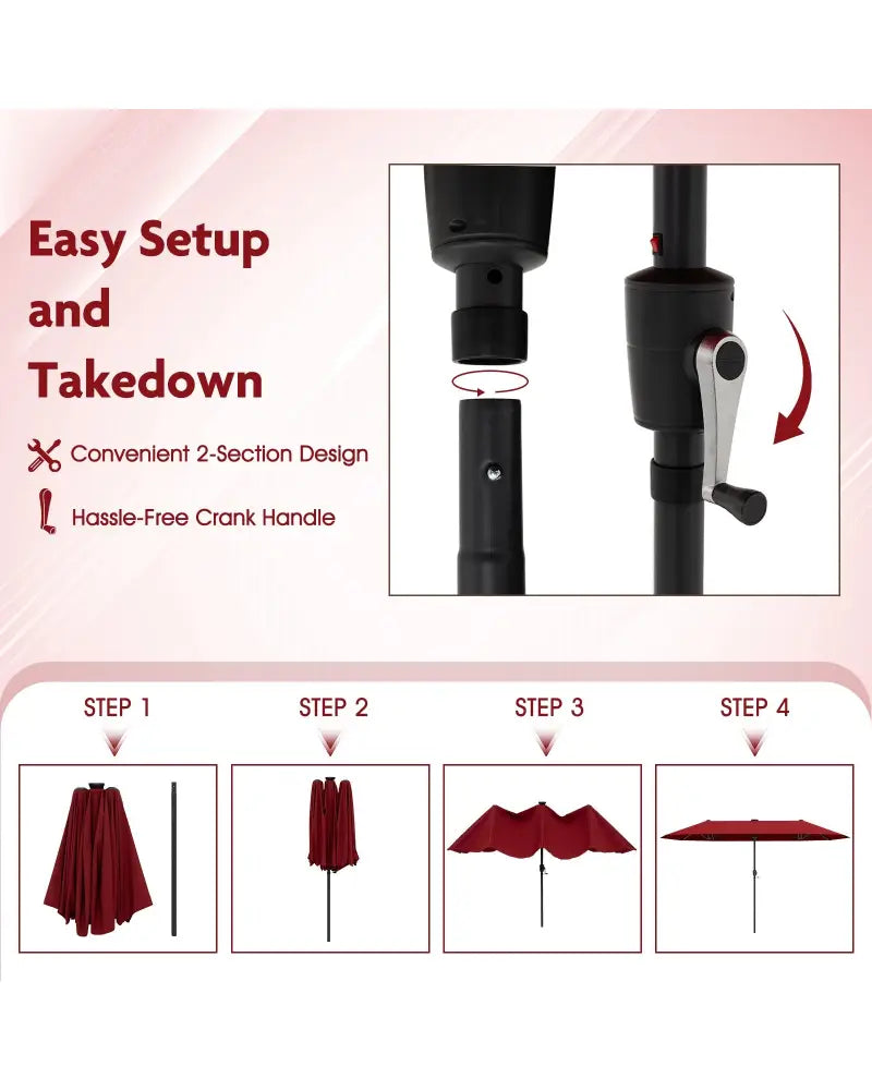 13 FT Large Patio Umbrella with LED Solar Lights and Crank Handle-Red - Red - Outdoor Umbrellas