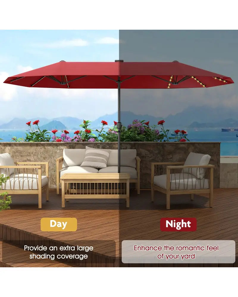 13 FT Large Patio Umbrella with LED Solar Lights and Crank Handle-Red - Red - Outdoor Umbrellas