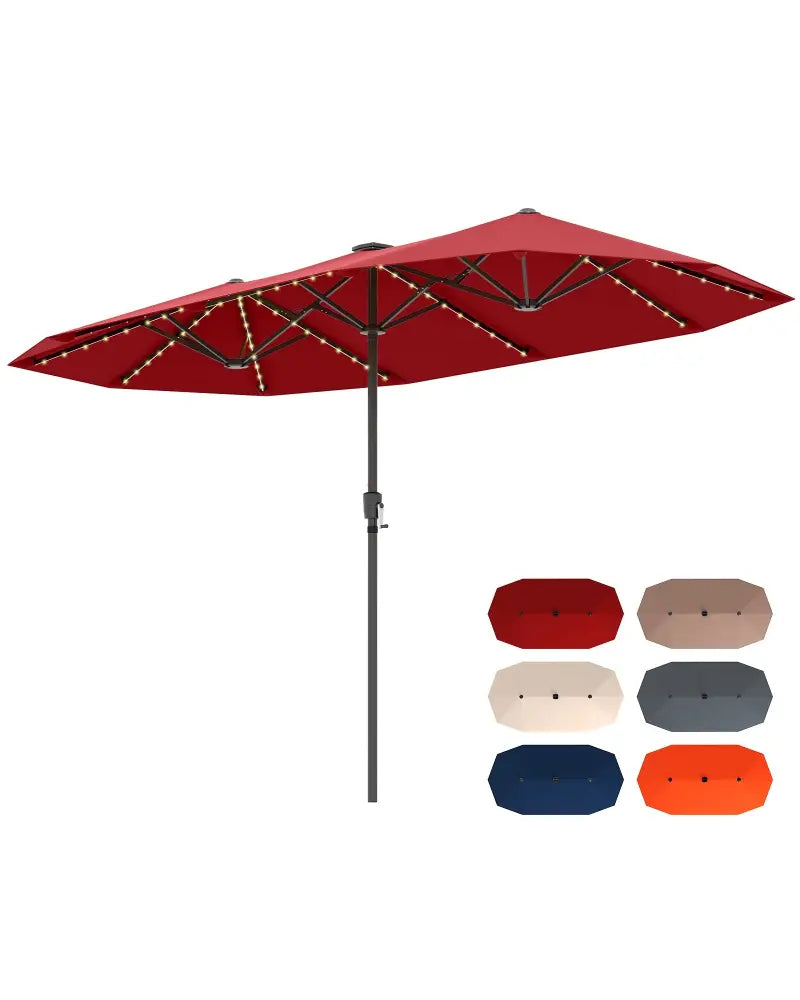 13 FT Large Patio Umbrella with LED Solar Lights and Crank Handle-Red - Red - Outdoor Umbrellas