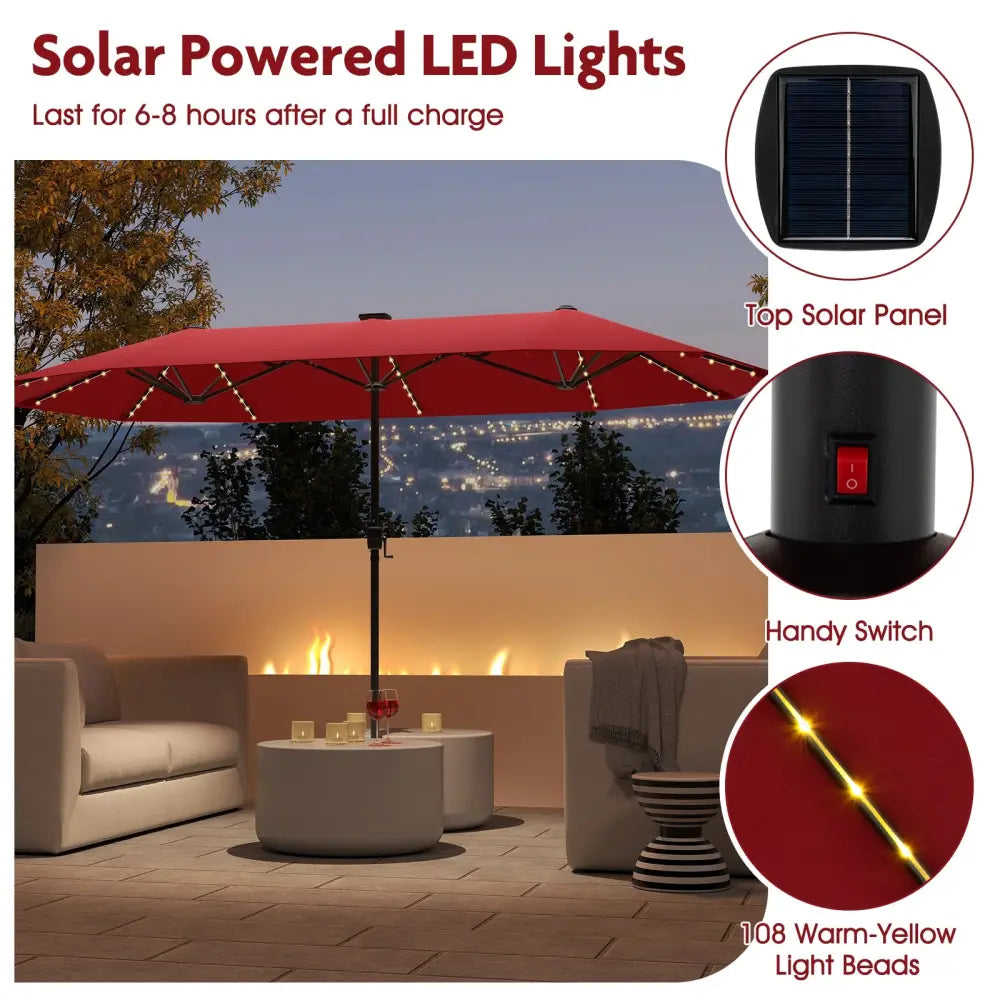 13 FT Large Patio Umbrella with LED Solar Lights and Crank Handle-Red - Red - Outdoor Umbrellas