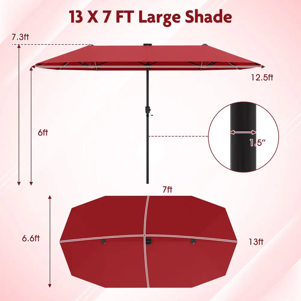 13 FT Large Patio Umbrella with LED Solar Lights and Crank Handle-Red - Red - Outdoor Umbrellas